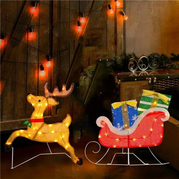 Christmas Outdoor Decoration Pre-Lit Lighted 2D Santa Sleigh Reindeer w - Picture 1 of 6
